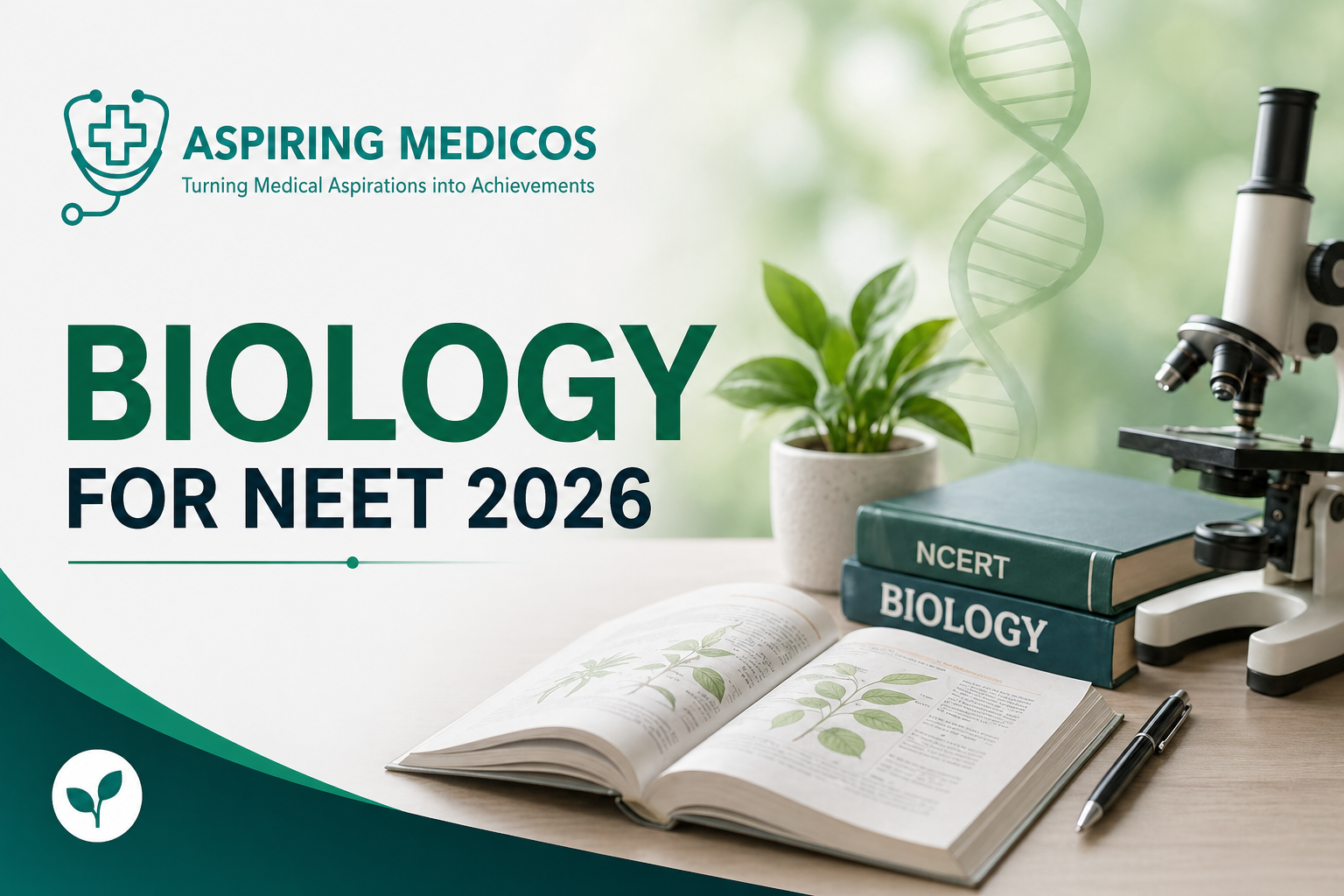 Biology for NEET 2026 preparation with NCERT books, microscope, and Aspiring Medicos branding