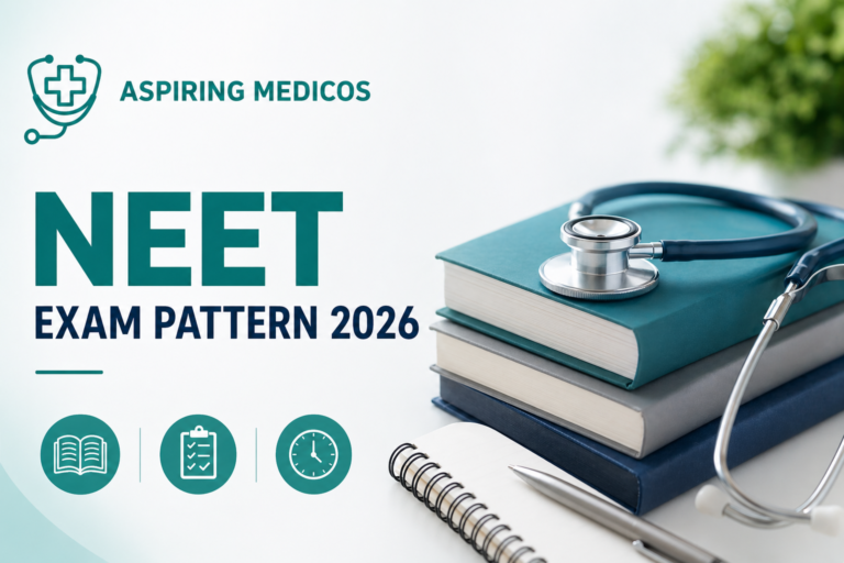 Minimal NEET 2026 exam pattern banner with books, stethoscope, and Aspiring Medicos branding
