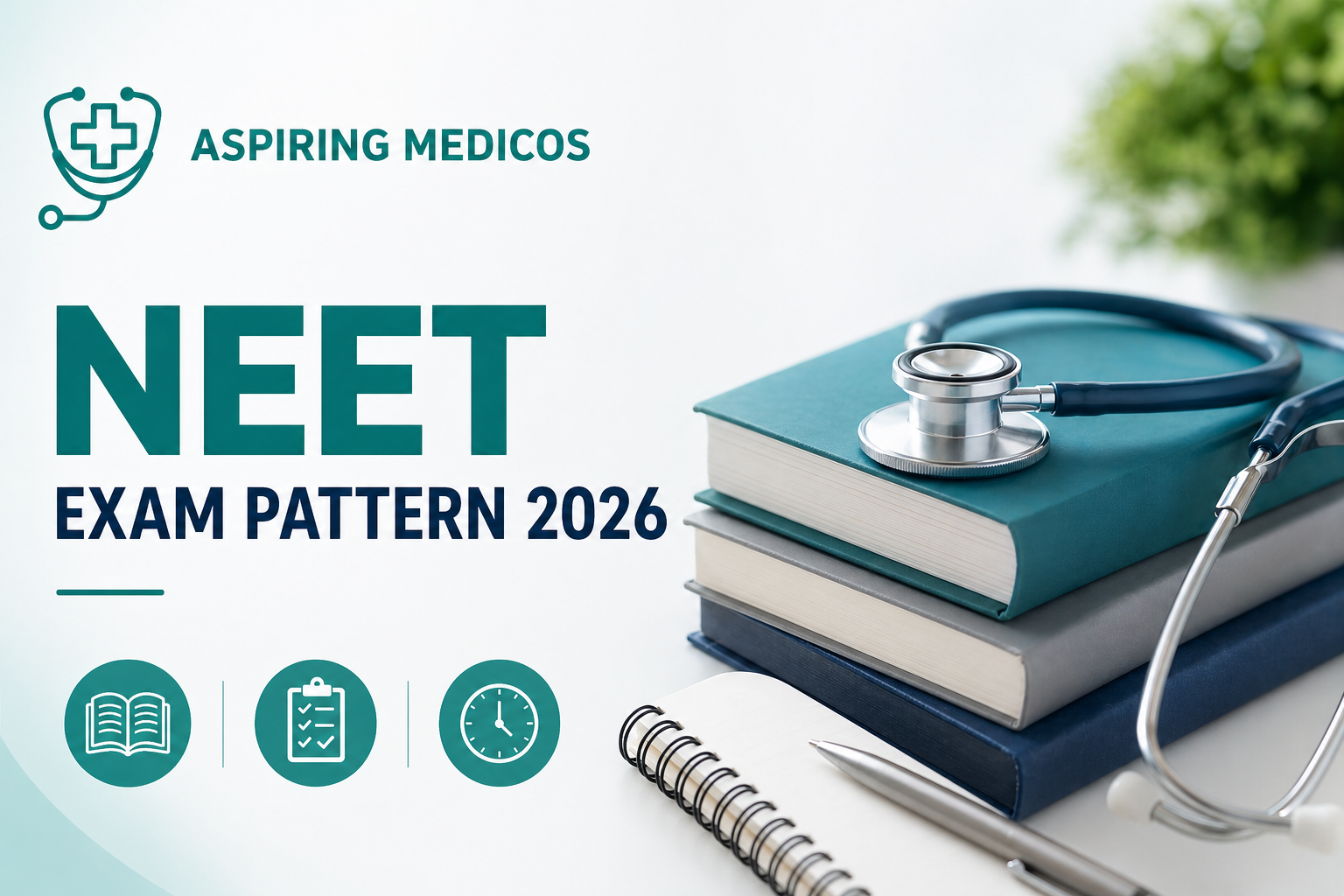 Minimal NEET 2026 exam pattern banner with books, stethoscope, and Aspiring Medicos branding